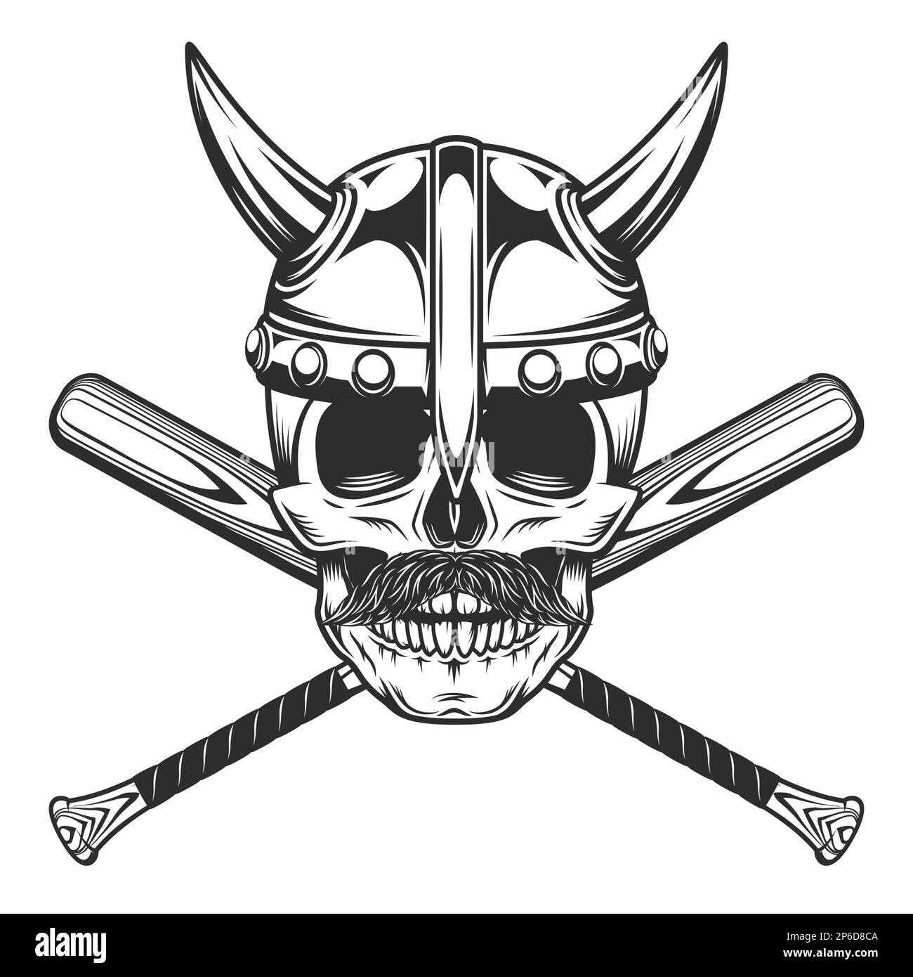 Cranio vichingo in casco e baffi cordati con emblema da baseball mazza da club modello elementi di design in stile monocromatico vintage vettore isolato Foto Stock