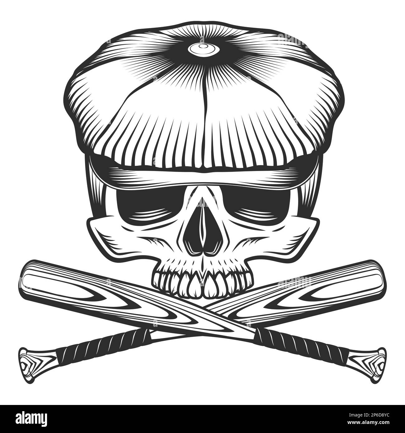 Semitraschio in berretto piatto con emblema da baseball mazza elementi di design modello in stile monocromatico vintage isolato vettore illustrazione Foto Stock