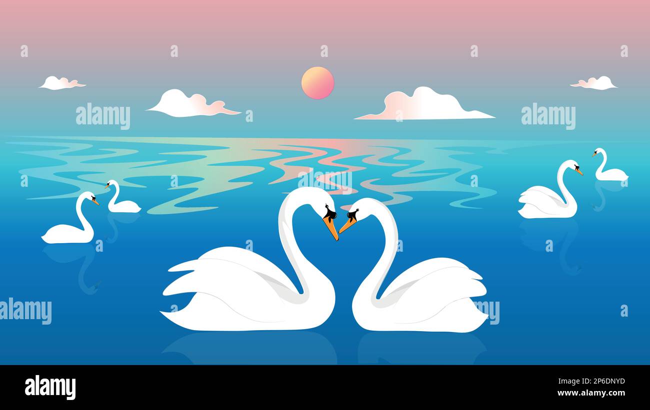 Un grande e bellissimo lago con cigni incantevoli che nuotano innamorati e che si sentono di fronte ad un tramonto rosa tenue Illustrazione Vettoriale