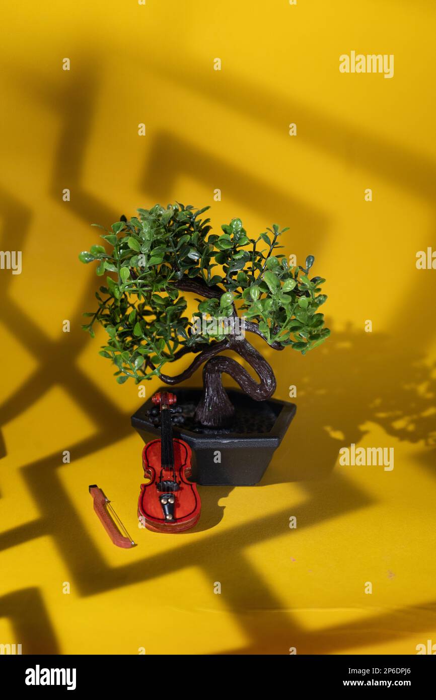 Piccolo albero decorativo di bonsai con carino violino di legno che rimane su sfondo giallo con ombre geometriche astratte. Immagini fisse su sfondo caldo, messa a fuoco morbida, maschera gobo, foto verticale. Foto Stock