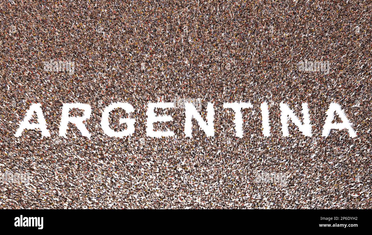 Concetto o grande comunità concettuale di persone che formano la parola ARGENTINA. 3d metafora dell'illustrazione per la cultura, la storia e l'istruzione, la politica Foto Stock