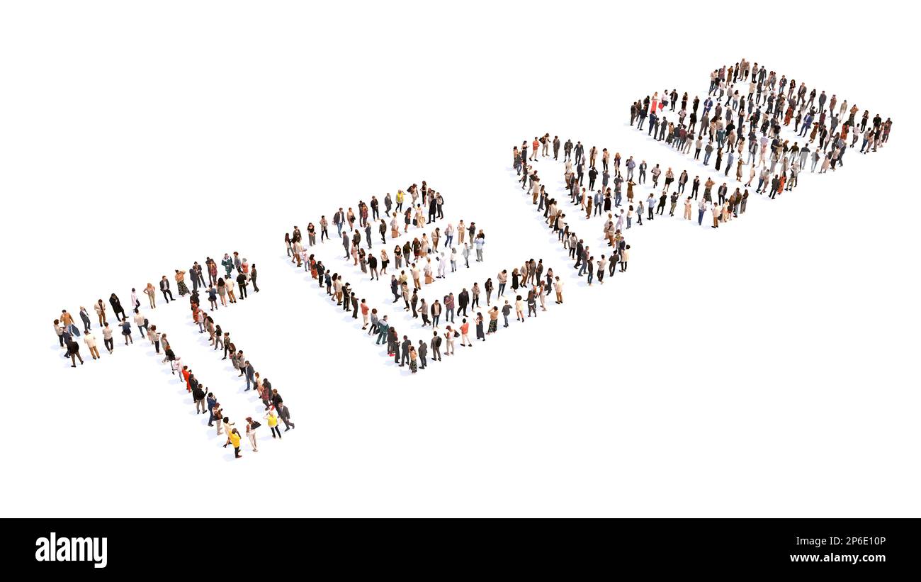 Grande comunità concettuale di persone che formano parola DI SQUADRA. 3d metafora illustrativa per il business, il lavoro di squadra, la gestione, la cooperazione, l'idea, soluzione Foto Stock