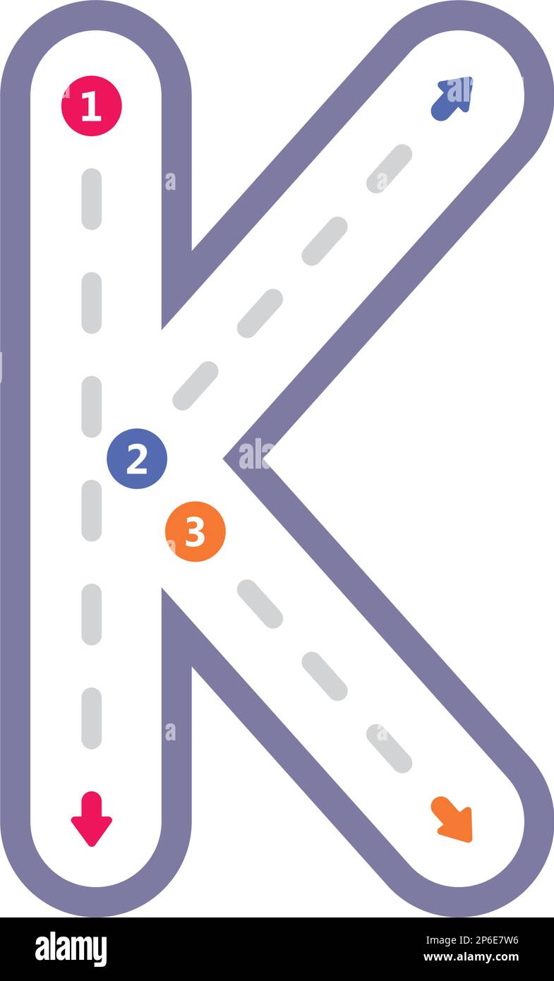 Traccia lettera dell'alfabeto K lettera maiuscola pre-scrittura linea punteggiata elemento per bambini asilo e prescolare foglio di lavoro per l'attività di pratica di scrittura a mano Illustrazione Vettoriale