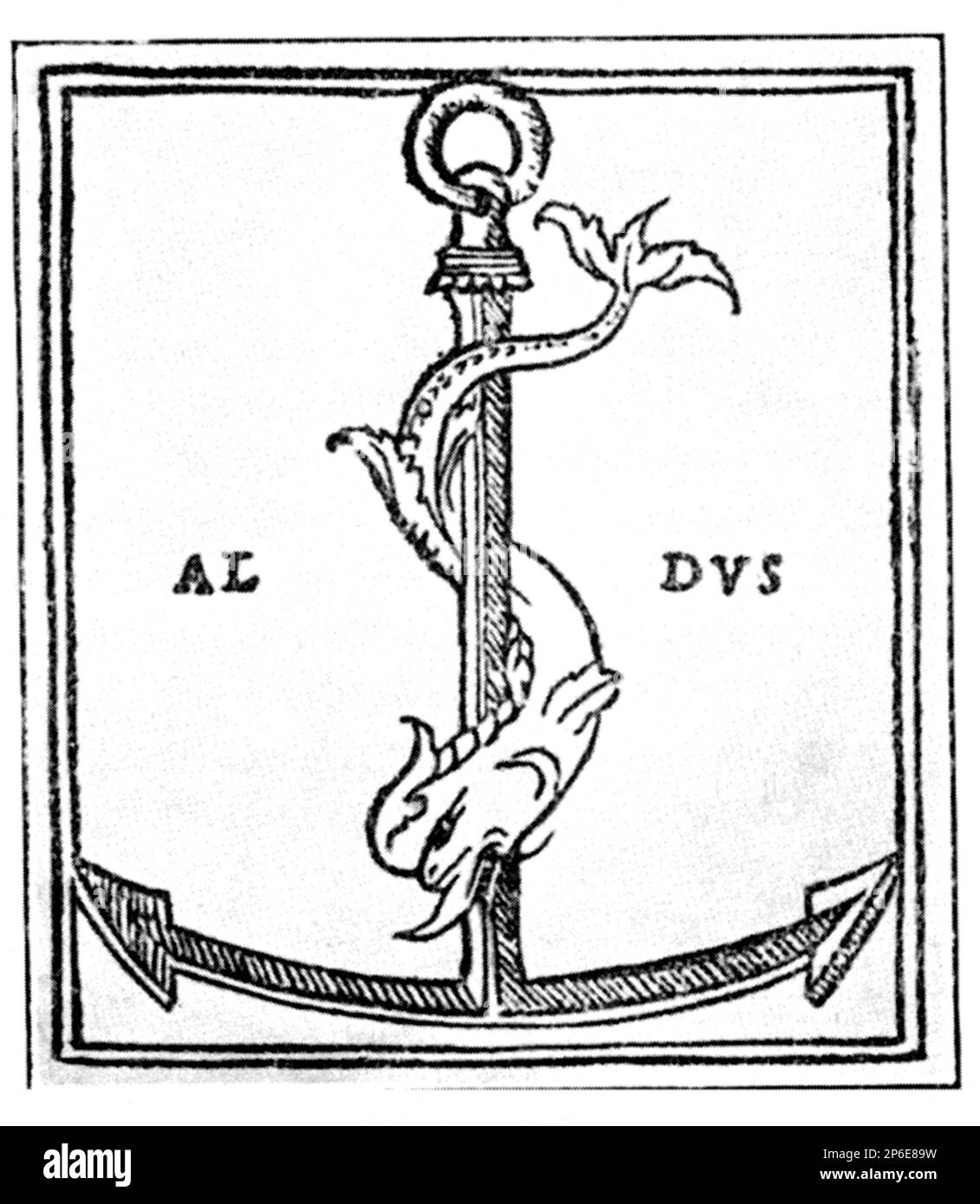 1500 ca, ITALIA : il logo del marchio della tipografia e del redattore italiano ALDO PIO MANUZIO ( Bassiano , Velletri 1450 - Venezia 1515 ) incisione ( L' ancora Aldina ). - TIPOGRAFO - TIPOGRAFIA - MARCHIO - LETTERATURA - LETTERATURA - illustrazione - incisione - delfino - delfino - ancora - ancora - marchio - LOGO --- Archivio GBB Foto Stock
