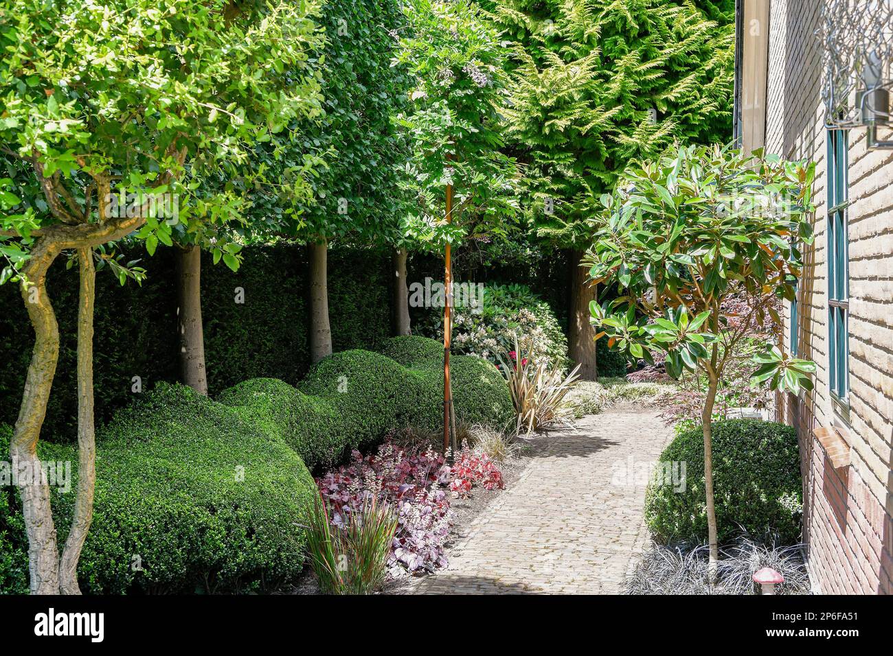 Amsterdam, Paesi Bassi - 10 aprile, 2021: Alcuni alberi e cespugli in un giardino con sentiero in pietra che conduce all'ingresso in un'area chiusa che è stata utilizzata per molti anni Foto Stock