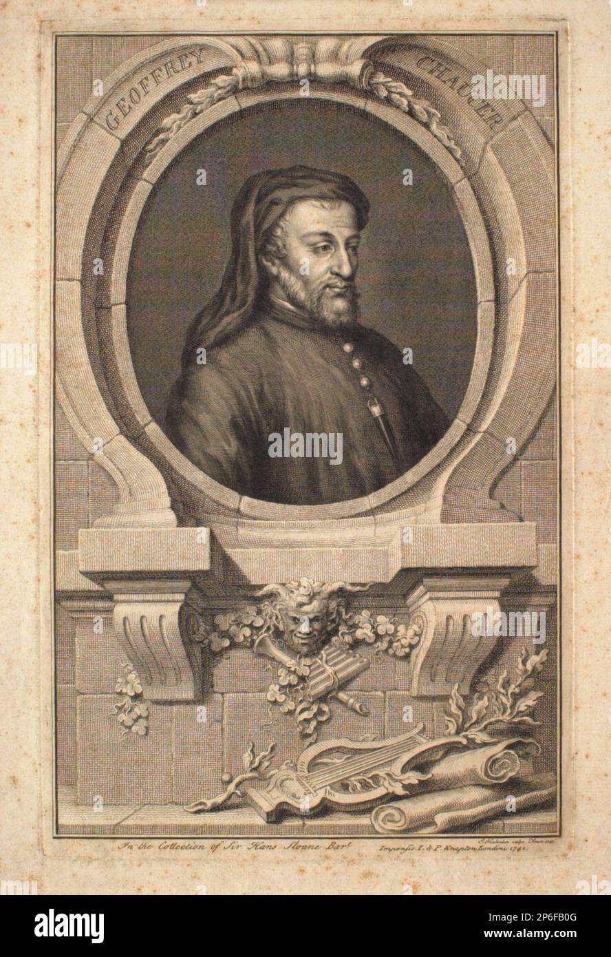 Jacobus Houbraken, Geoffrey Chaucer, 1741, incisione su carta. Foto Stock