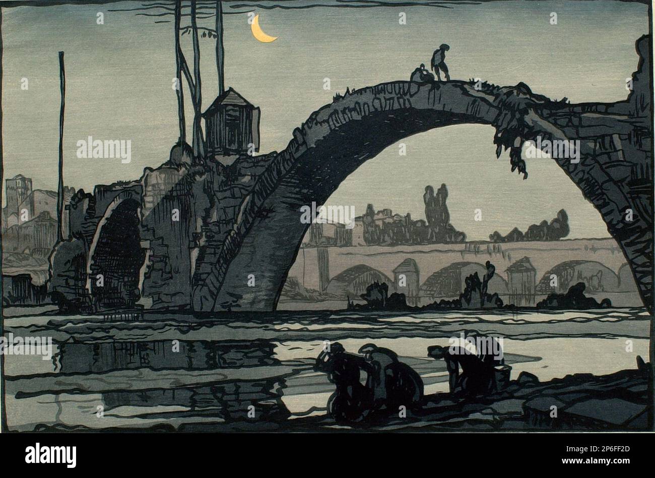 Frank Brangwyn, Notte: Il Ponte in rovina, 1877–1956, legno a colori su carta giapponese. Foto Stock