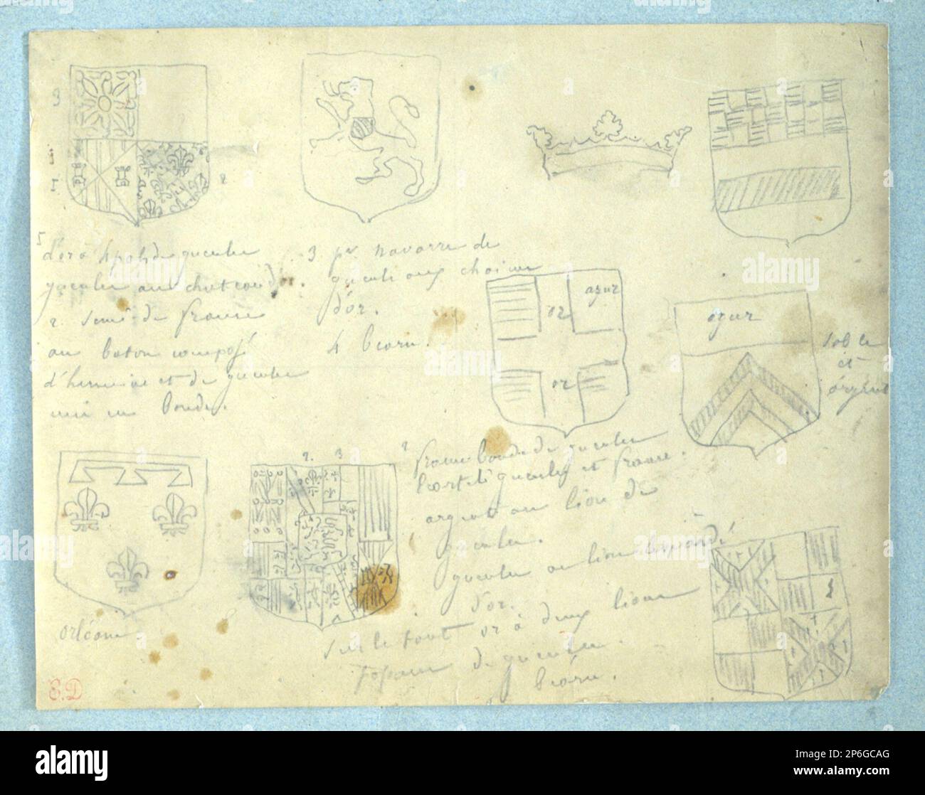 Ferdinand-Victor-Eugène Delacroix, foglio di studi con disegni araldici, c. 1835, matita su carta di ovino. Foto Stock