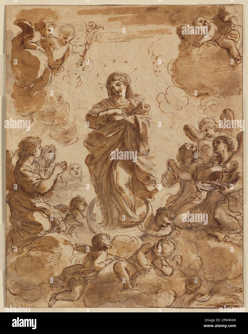 Pier Francesco Mola, l'Immacolata Concezione, 1650s, penna e inchiostro marrone e pennello e marrone lavaggio su gesso nero. Foto Stock