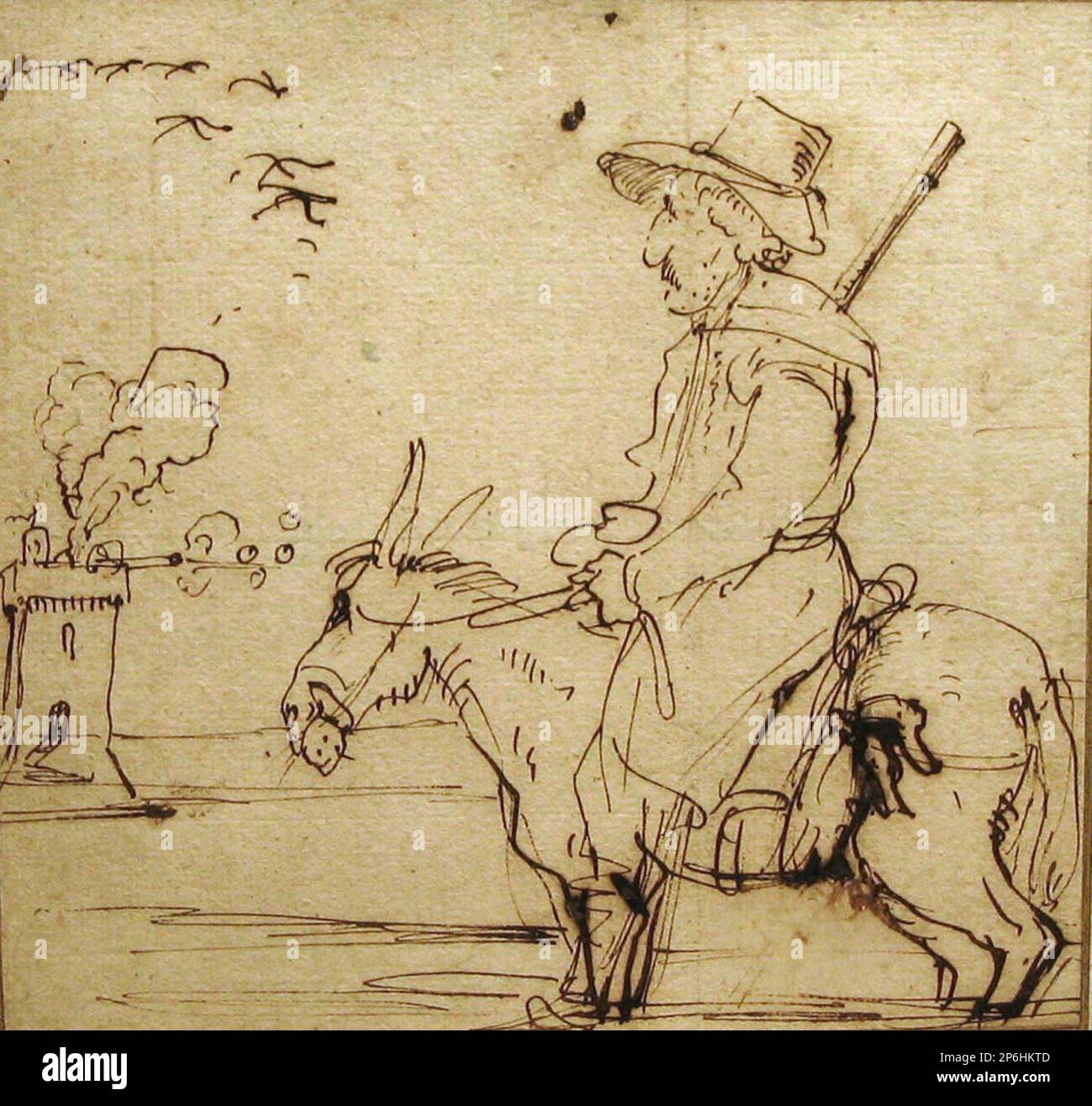 Pier Francesco Mola, Caricatura di un cacciatore di anatre, 1640s, penna e inchiostro di ferro su carta antica posata. Foto Stock