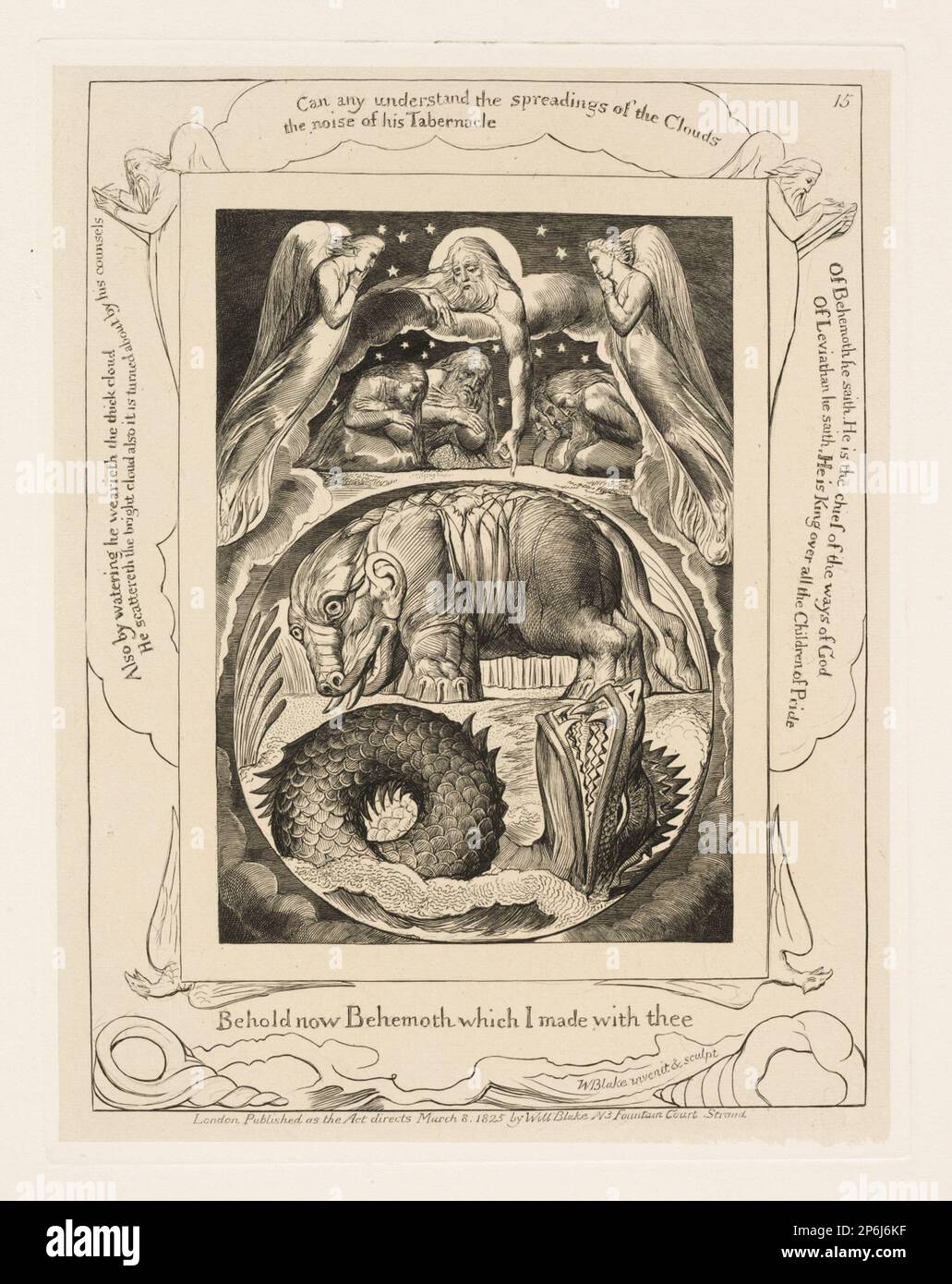 William Blake, Behemoth e Leviathan, 1825, incisione su collé di cie su carta color panna. Foto Stock