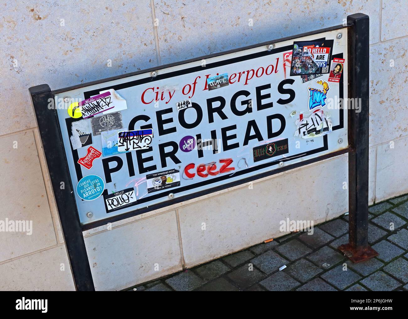 Georges Pier Head, cartello City of Liverpool L3, River Mersey, Merseyside, Inghilterra, Regno Unito, L3 1DP Foto Stock