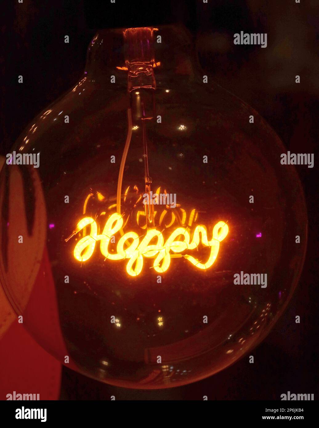 Filamento di una lampadina elettrica, lettura felice - emozioni piacevoli e gioia Foto Stock