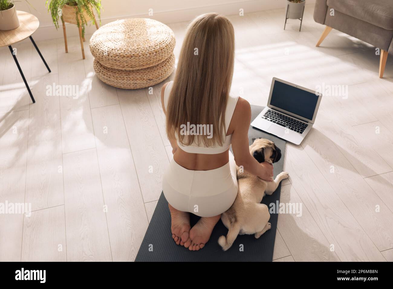 Donna con cane che guarda classe di yoga online a casa, vista posteriore Foto Stock