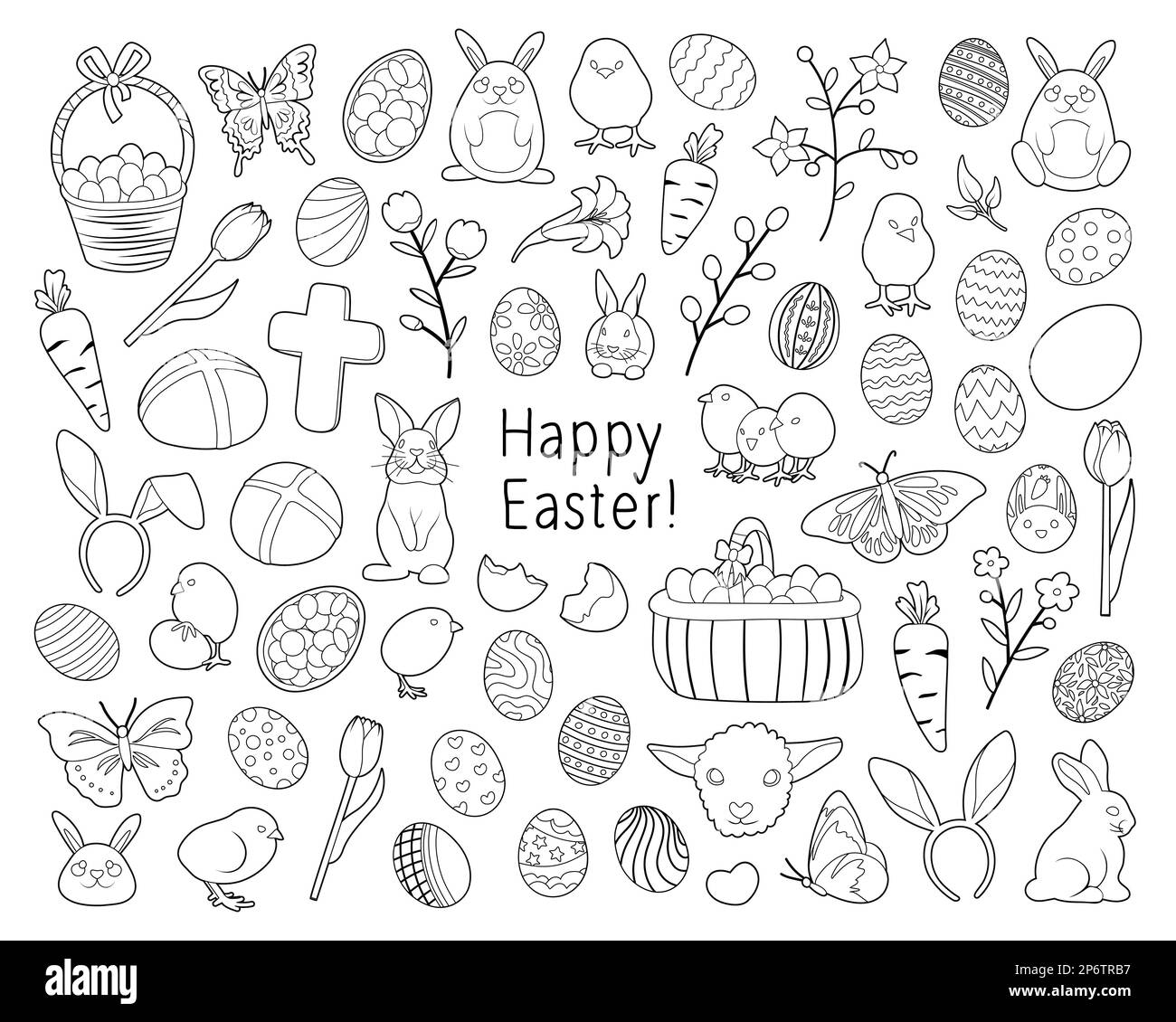 Set di illustrazioni vettoriali a tema per la festa di Pasqua. Contorni in bianco e nero per la colorazione. Stile cartone animato, elementi isolati disegnati a mano Illustrazione Vettoriale