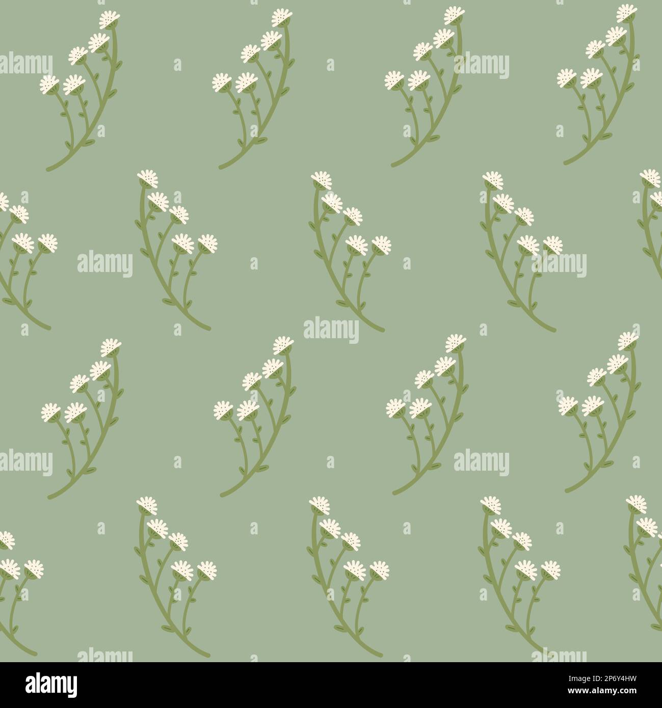 Fiori selvatici senza cuciture motivo. Piccoli rametti con boccioli bianchi su sfondo verde. Stampa in allover a molla. Illustrazione raster per tessuto, imballaggio Foto Stock