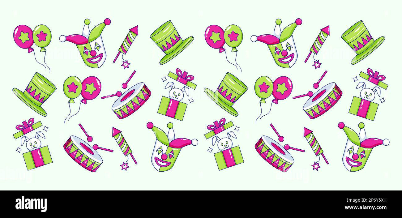 Carnevale di Mardi Gras. Maschera clown, palloncino, cappello, coniglietto, firecracker e drum pattern icona Illustrazione Vettoriale