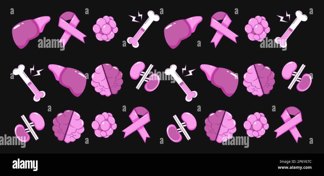 Giornata mondiale del cancro. Cuore, osso, rene, cervello e modello di icona a nastro Illustrazione Vettoriale