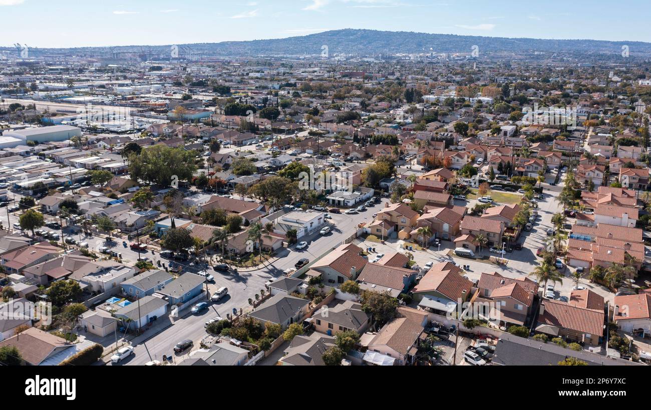 Vista pomeridiana di un quartiere di Wilmington, California, Stati Uniti. Foto Stock