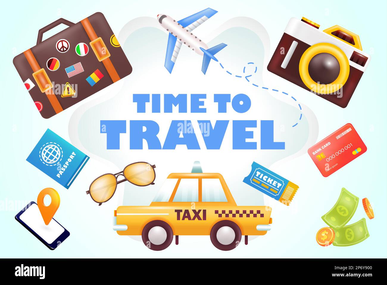 Tempo di viaggio. 3d immagine di macchina fotografica, taxi, valigia, aereo, passaporto e occhiali Illustrazione Vettoriale