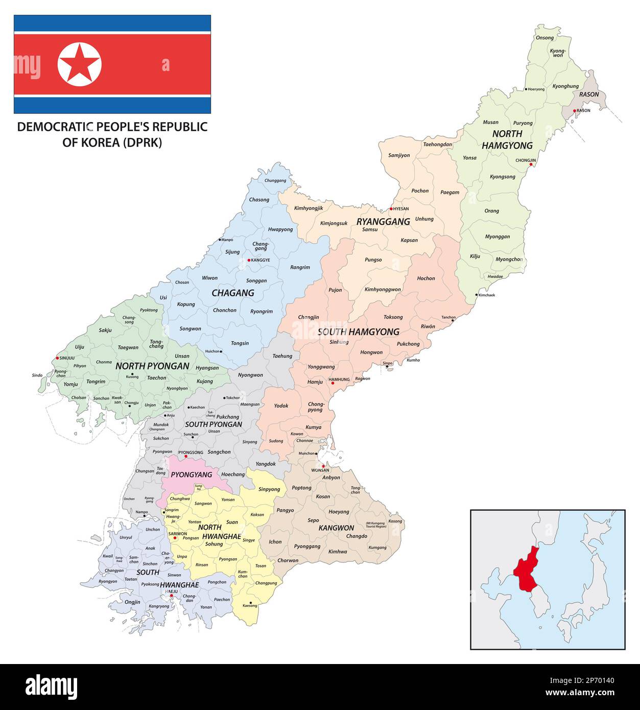 Mappa vettoriale amministrativa della Repubblica popolare Democratica di Corea Foto Stock