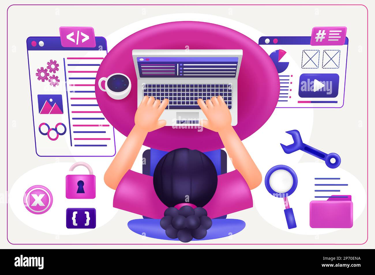 3d illustrazione di una donna che esegue la codifica e la programmazione sul suo laptop Illustrazione Vettoriale