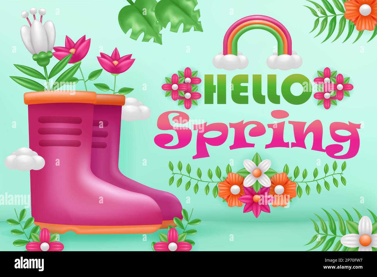 Ciao primavera. 3d illustrazione di stivali, cesto e vaso di irrigazione fiori, con piante tropicali ornamentali Illustrazione Vettoriale
