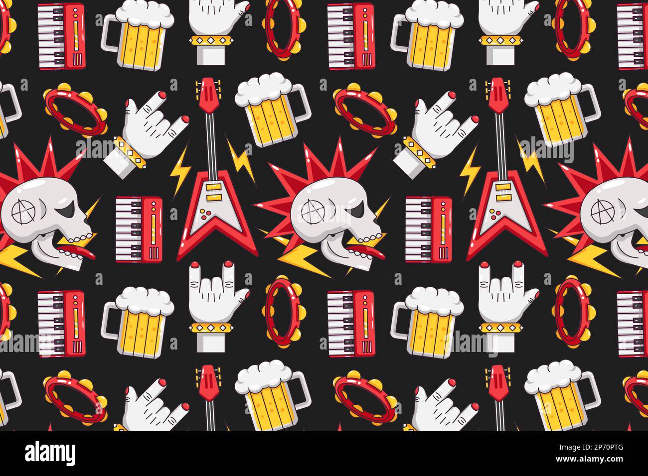 Punk Rock. Chitarre, cuffie, batteria, nastri, pianoforti, diffusori, birra e cranio Illustrazione Vettoriale