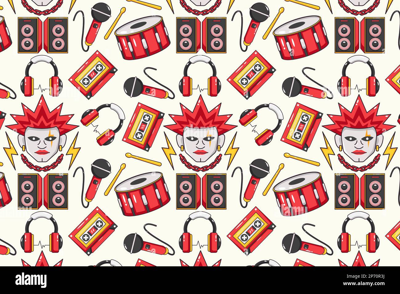 Punk Rock. Chitarre, cuffie, batteria, nastri, pianoforti, diffusori, birra e cranio Illustrazione Vettoriale