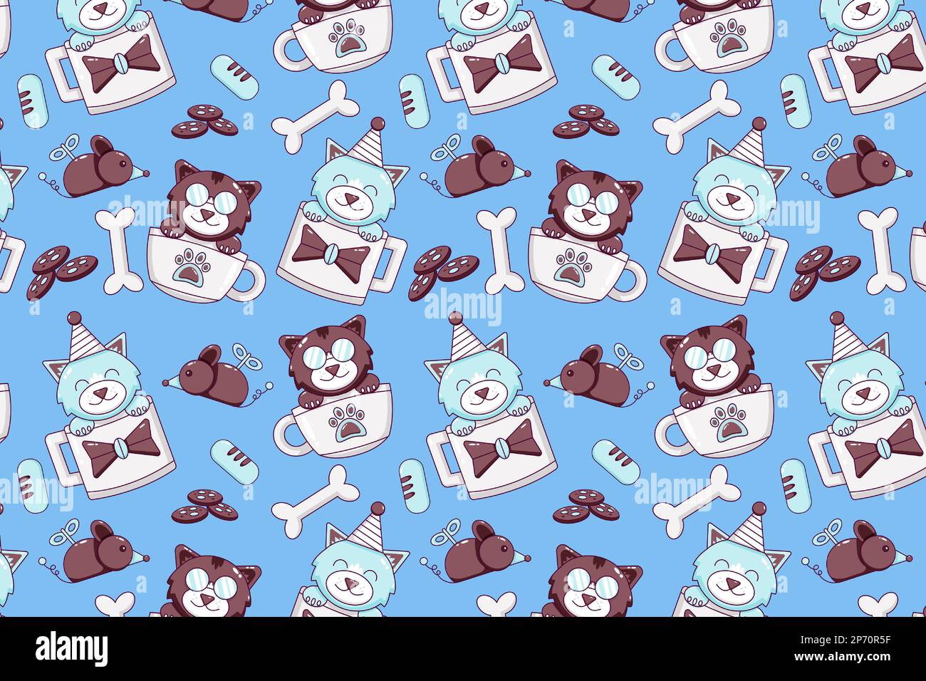 Carino gatto in un bicchiere. Ossa, pesce, torta, salsiccia, mouse giocattolo e campanello modello icona Illustrazione Vettoriale