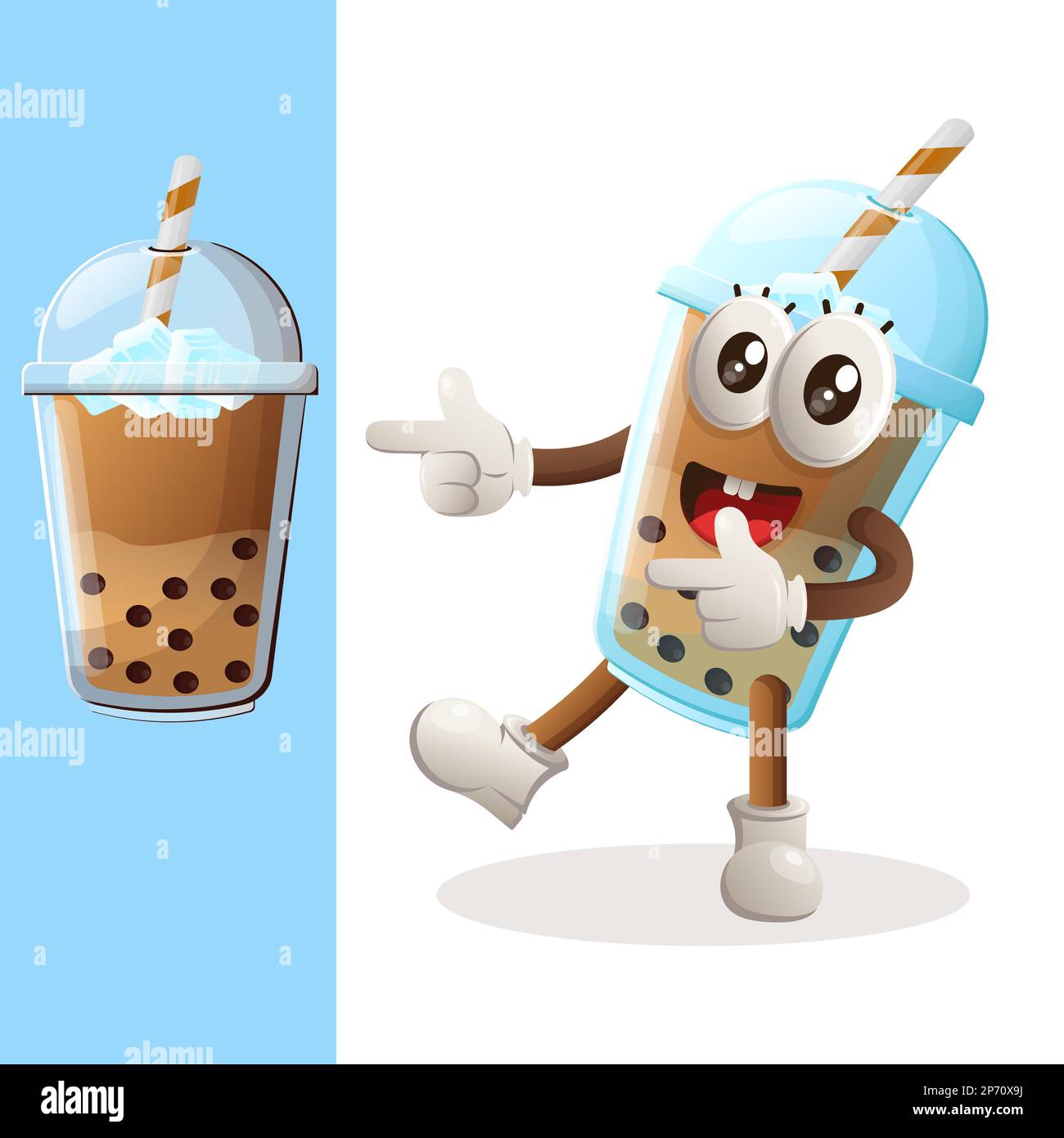 Cute Bubble Tea mascotte giocoso con mano appuntita. Perfetto per negozi di alimentari, piccole aziende o e-commerce, merchandising e adesivi, promozione banner, foo Illustrazione Vettoriale
