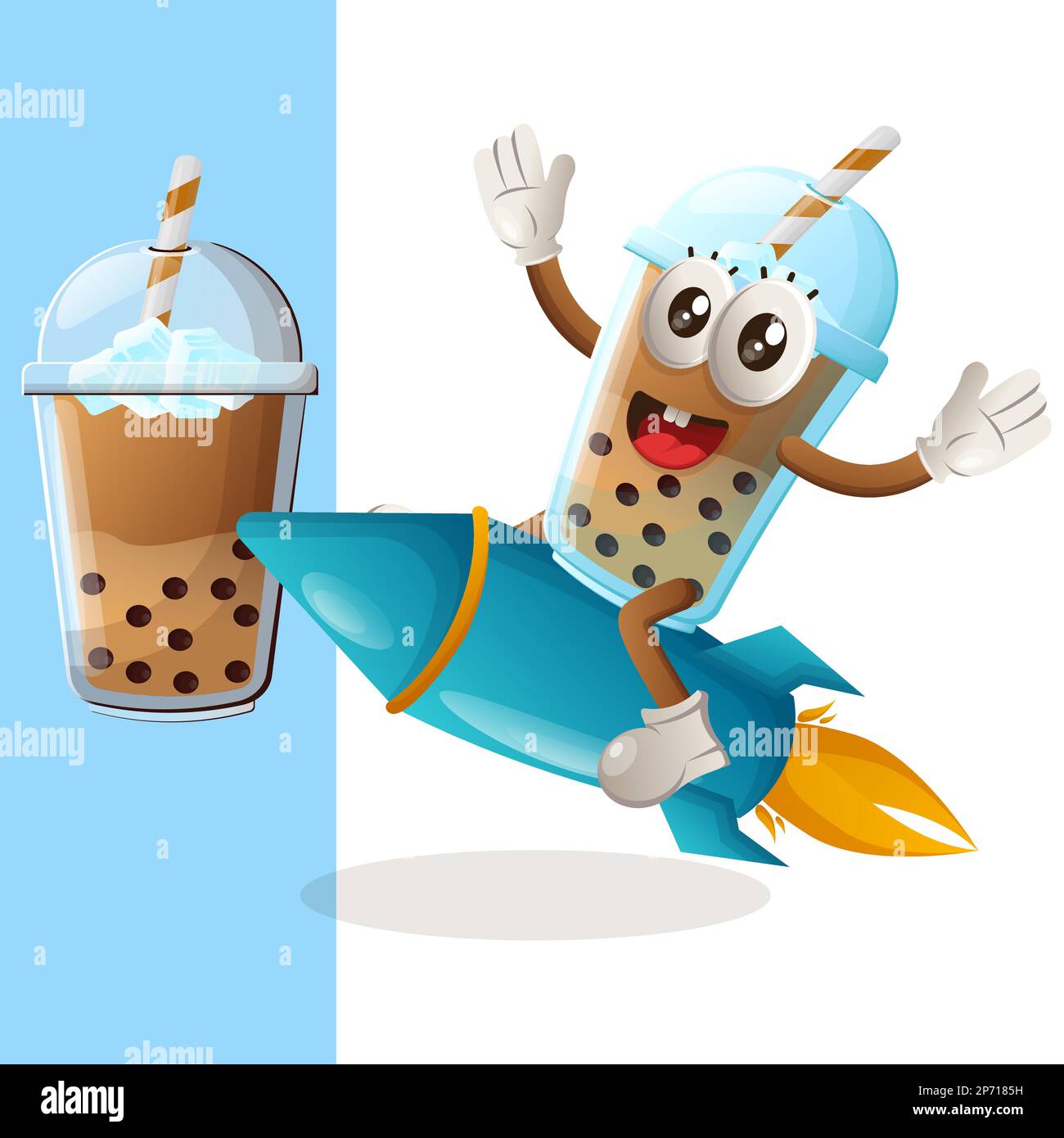 Cute Bubble Tea mascotte volare su razzo. Perfetto per negozi di alimentari, piccole aziende o e-commerce, merchandising e adesivi, promozione banner, recensione di prodotti alimentari Illustrazione Vettoriale