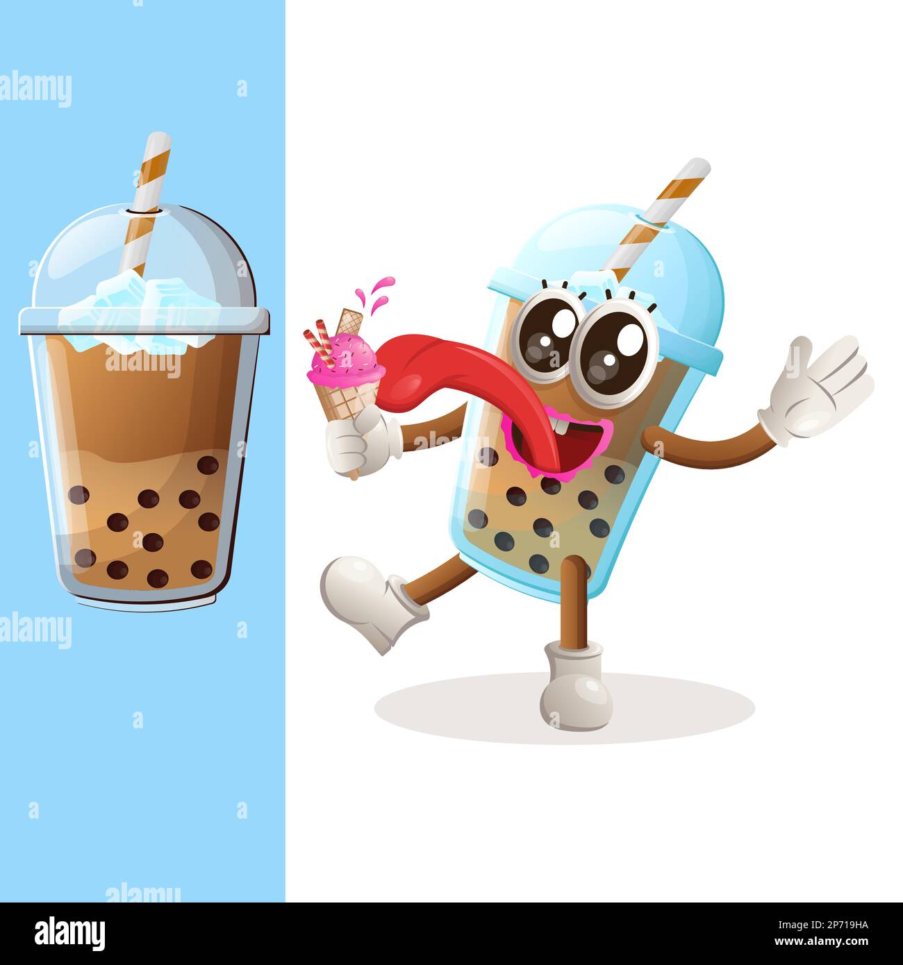 Mascotte cute Bubble Tea Eat Bubble Tea, Bubble Tea cone. Perfetto per negozi di alimentari, piccole aziende o e-commerce, articoli di merchandising e adesivi, promozione banner Illustrazione Vettoriale