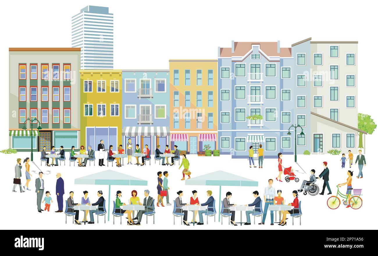 Silhouette cittadina con gruppi di persone nel tempo libero in zona residenziale, ristoranti e bistro, illustrazione Illustrazione Vettoriale