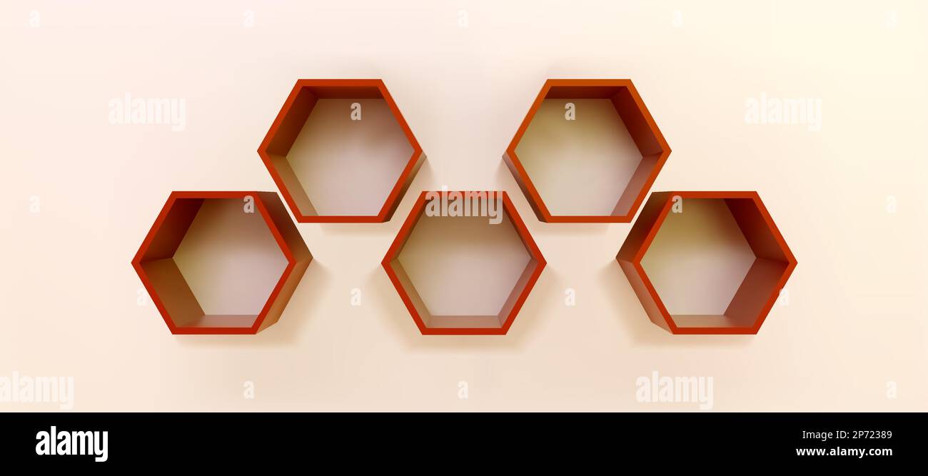 Ripiani esagonali vuoti marroni sulla parete bianca 3D mockup. Negozio, galleria vetrine in plastica o legno per presentare il prodotto. Spazio vuoto per lo stoccaggio al dettaglio. Interno Illustrazione Vettoriale