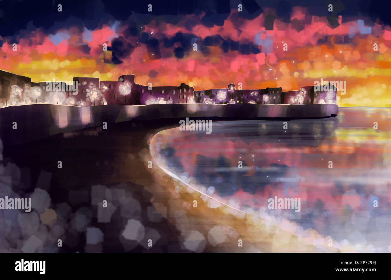 Paesaggio di una città di notte in stile dipinto Foto Stock