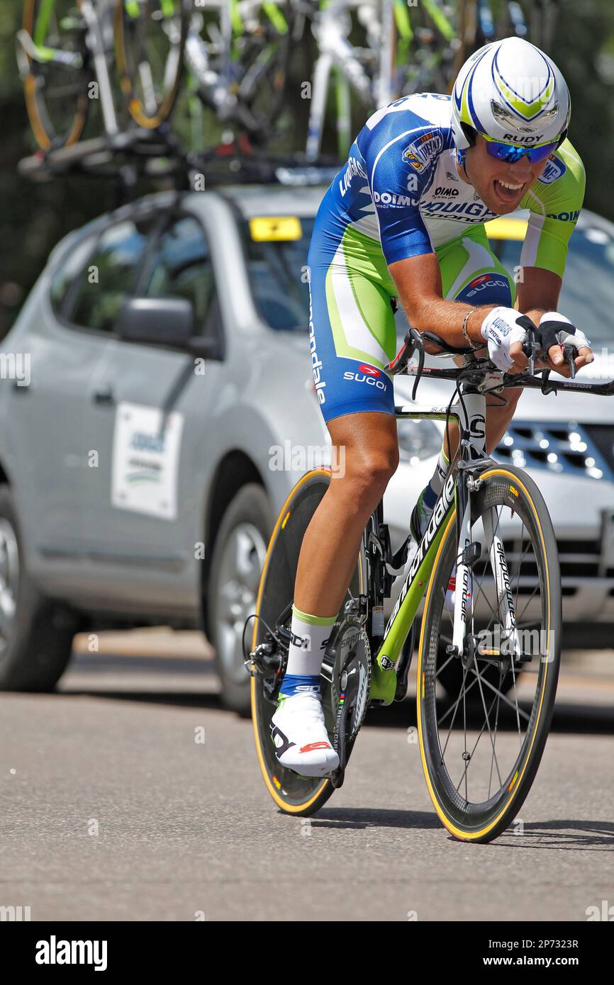 Davide Cimolai of Italy, sponsored by Liquigas-Cannondale, competed in the Prologue time trials in the first day of the USA Pro Cycling Challenge, Monday, August 22, 2011 in Colorado Springs, Colorado. (AP Photo/Margaret Bowles) Foto Stock
