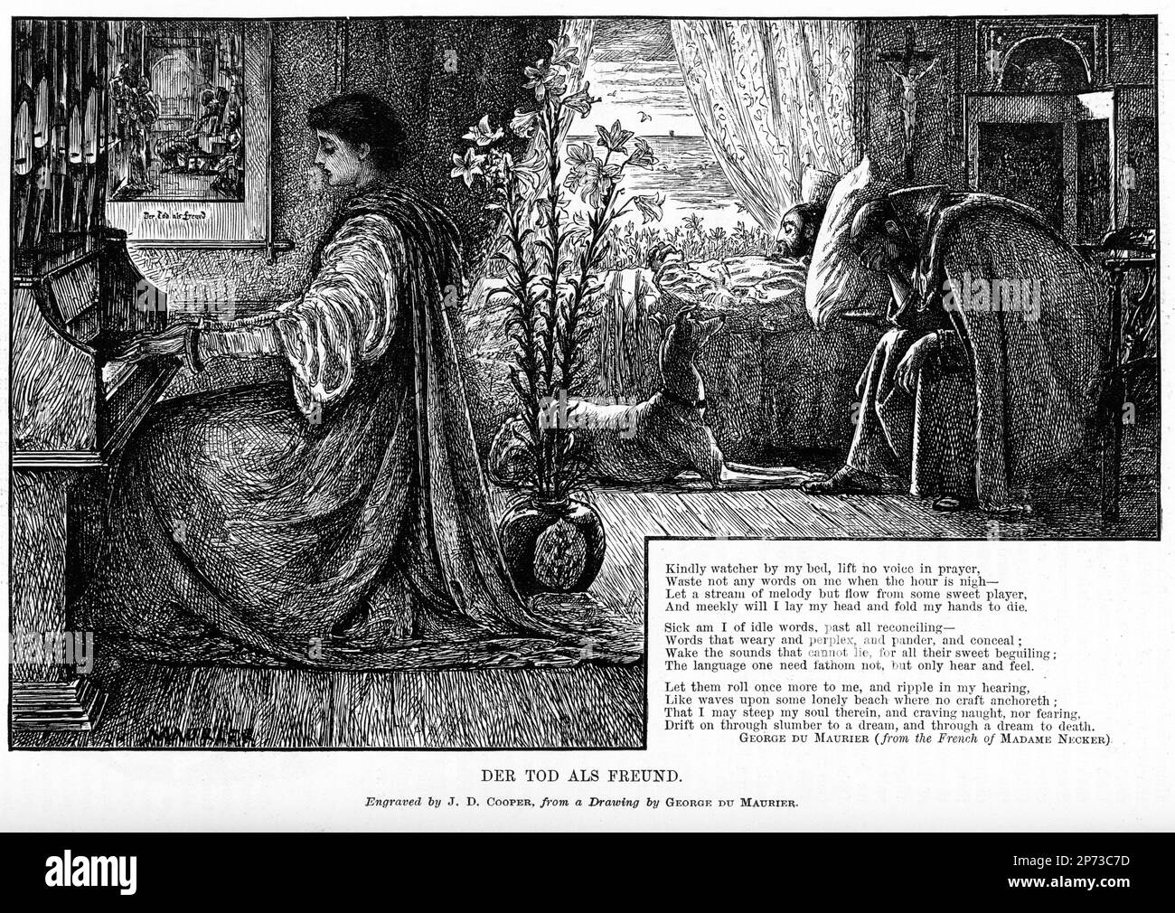 Incisione di un uomo addolente in attesa della morte di un caro mentre una giovane donna suona musica su un clavicord, intorno al 1880 Foto Stock