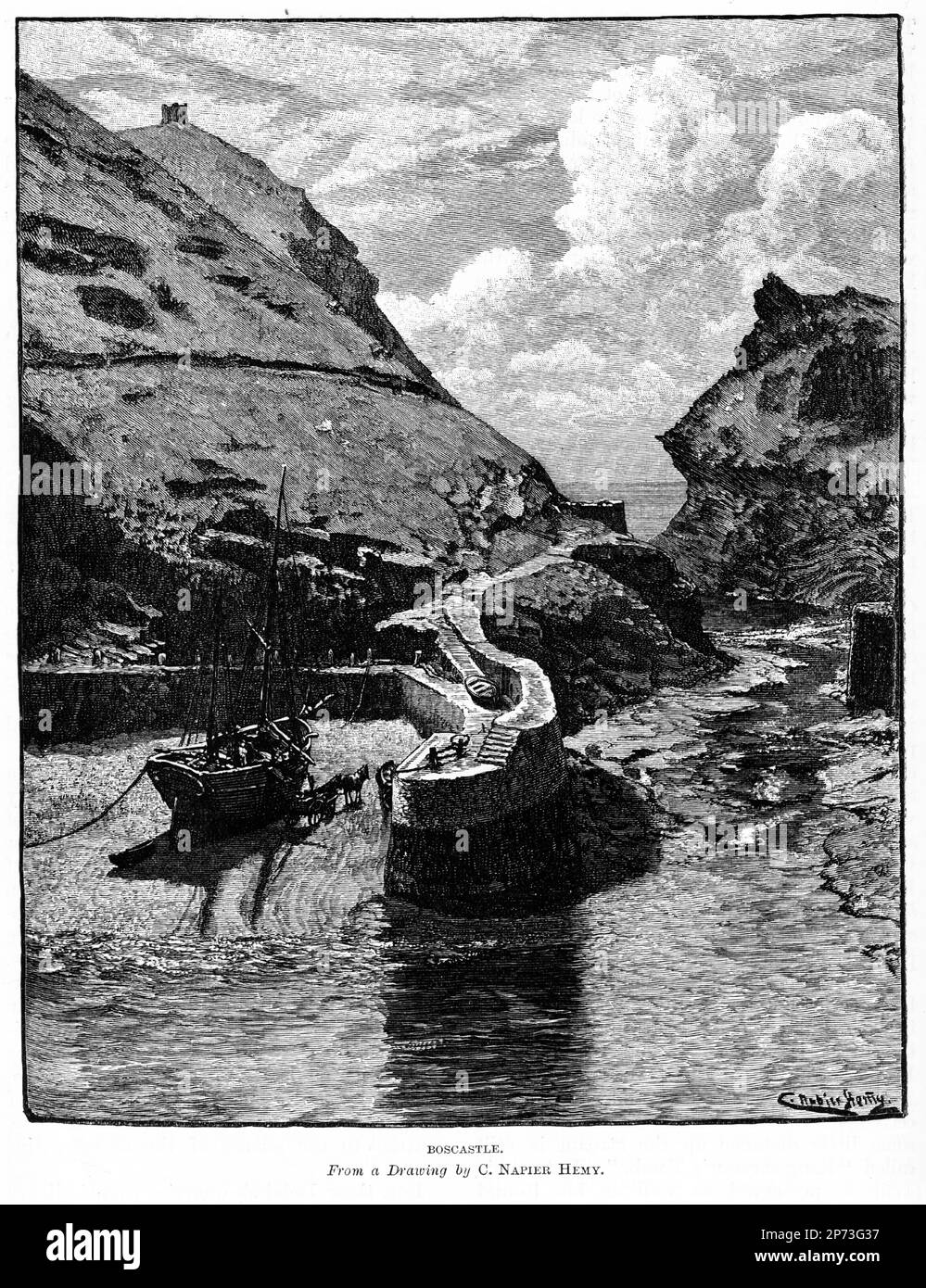 Incisione di Boscastle, un villaggio e porto di pescatori sulla costa settentrionale della Cornovaglia, Inghilterra, nella parrocchia civile di Forrabury e Minster, circa 1880 Foto Stock