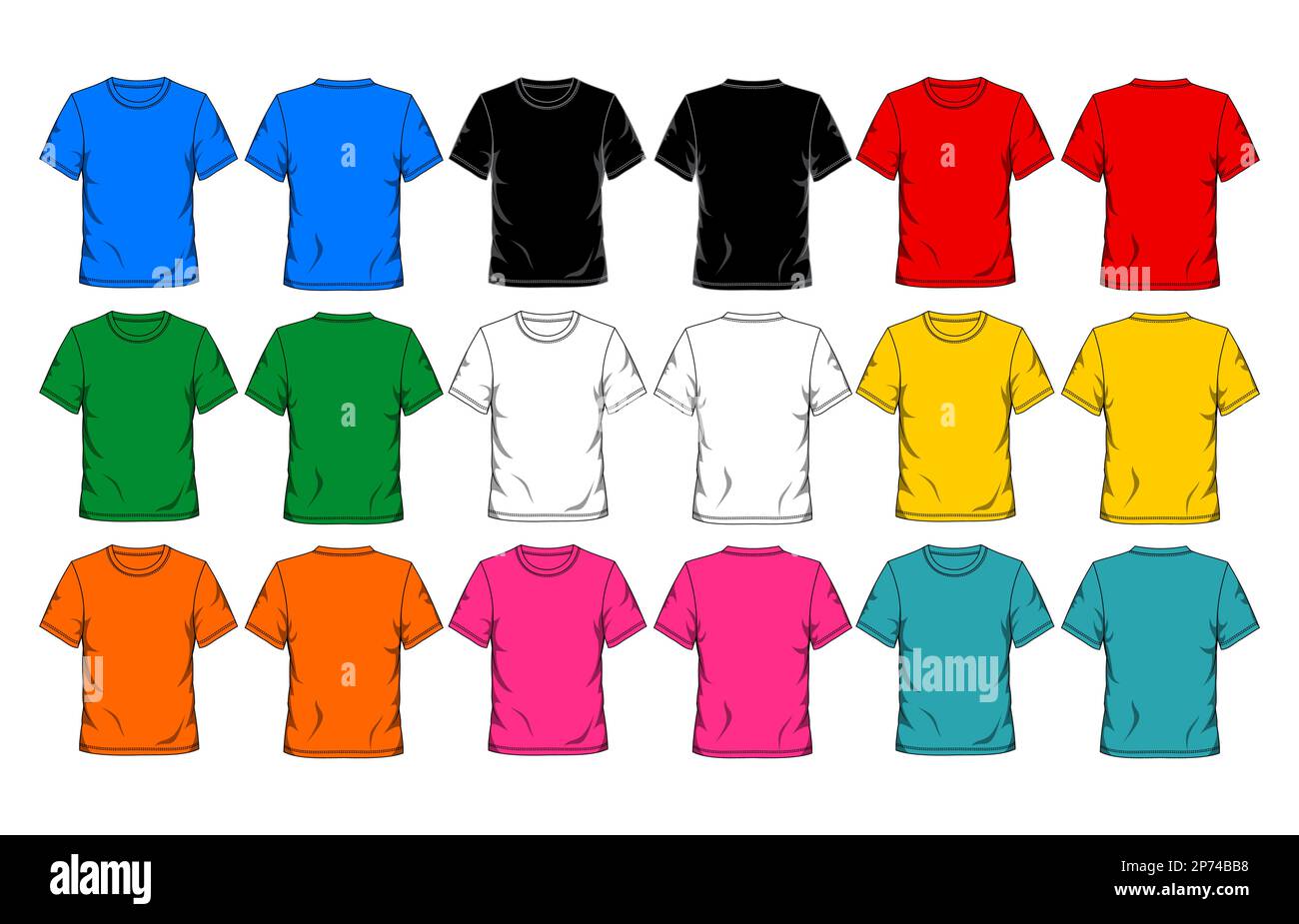 Set di modelli colorati per t-shirt sul davanti e sul retro. Illustrazione vettoriale Illustrazione Vettoriale