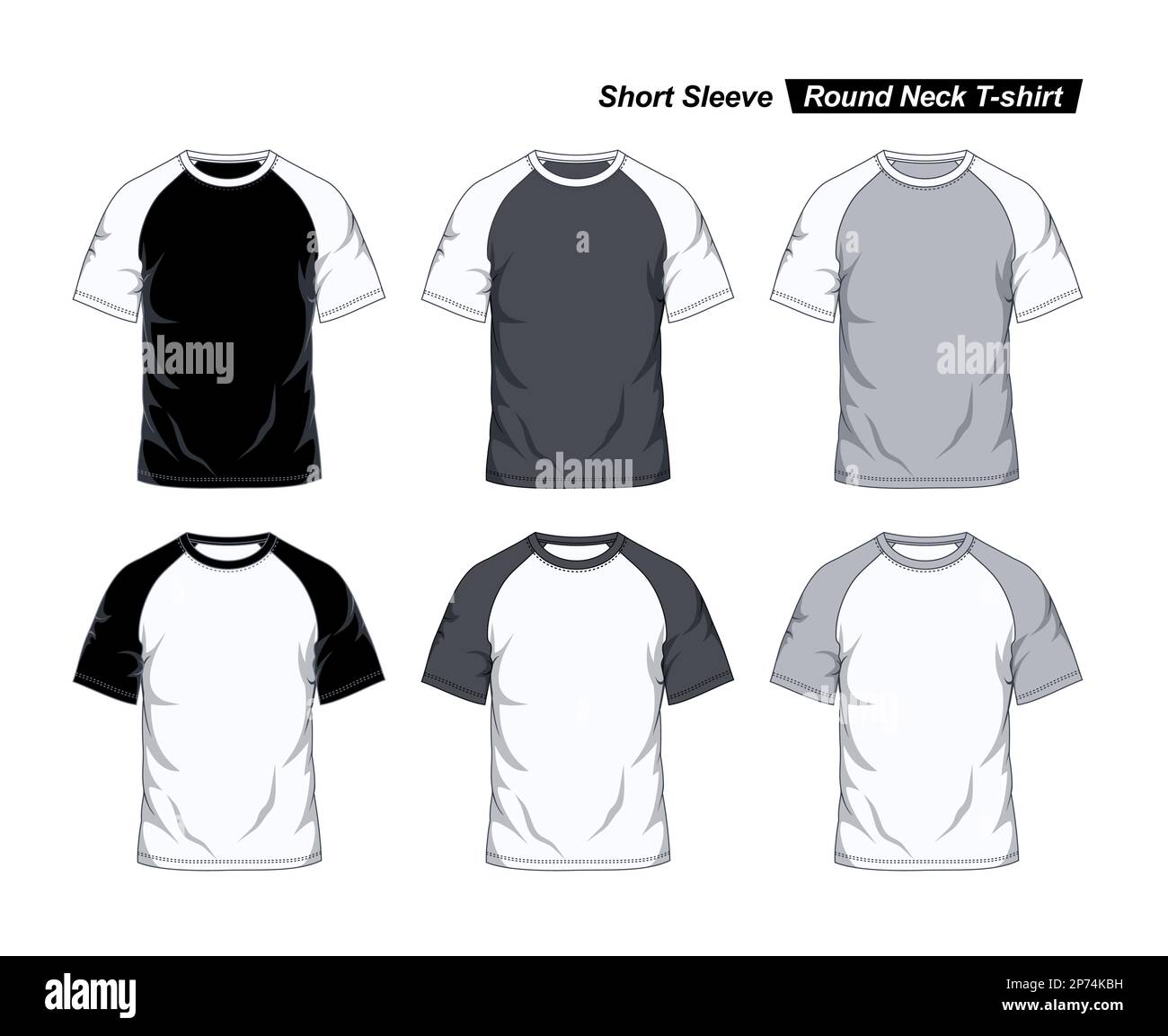T-shirt a maniche corte con maniche arrotondate, modello raglan, vista frontale, bianco e nero. Illustrazione vettoriale Illustrazione Vettoriale