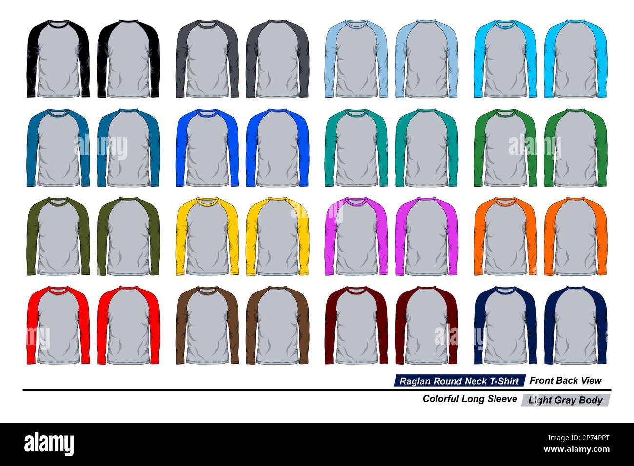 T-shirt a collo tondo Raglan, vista frontale e posteriore, manica lunga colorata, corpo grigio chiaro. Illustrazione vettoriale Illustrazione Vettoriale