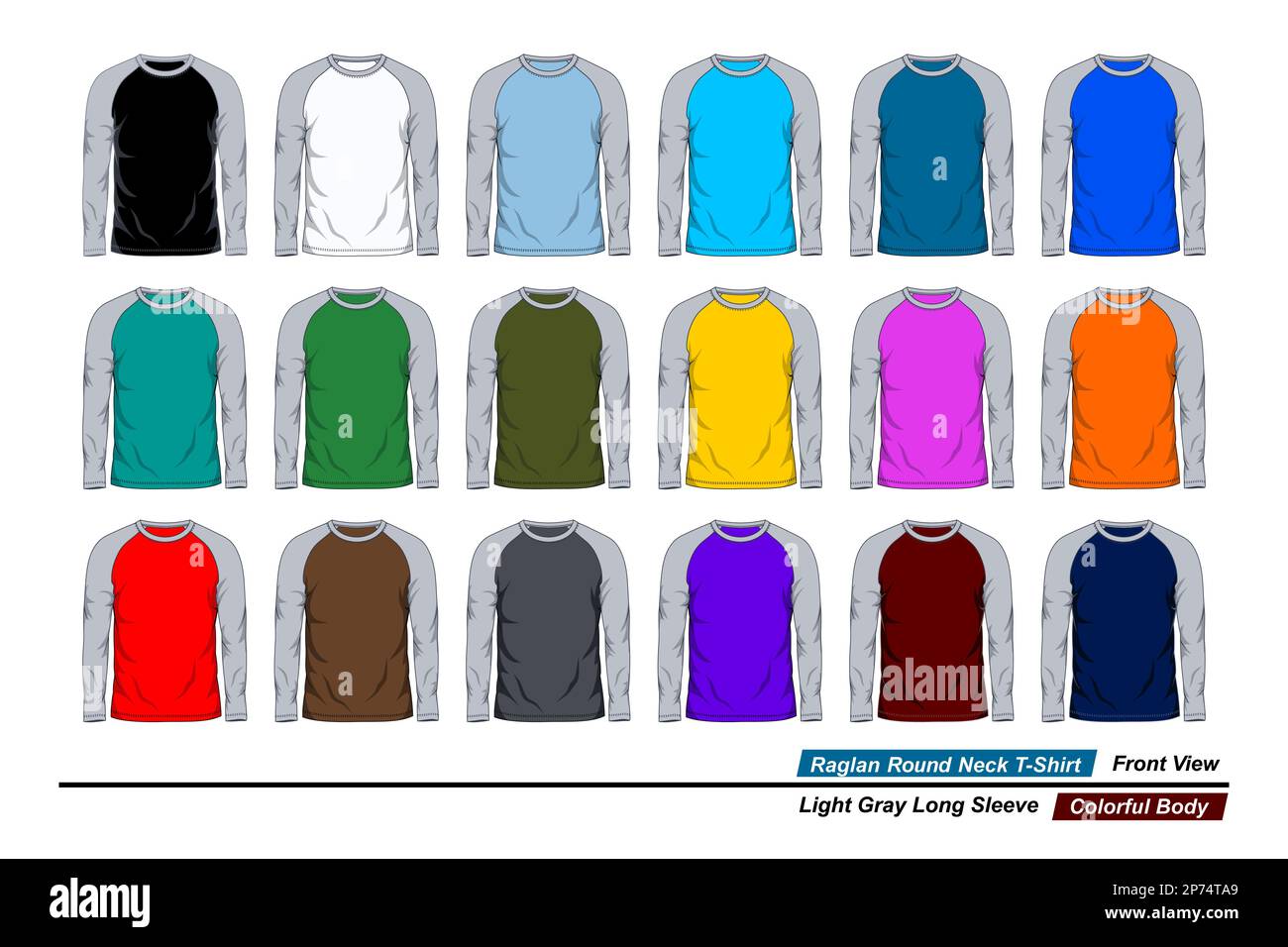T-shirt a collo tondo Raglan, vista frontale, manica lunga colorata, corpo grigio chiaro. Illustrazione vettoriale Illustrazione Vettoriale