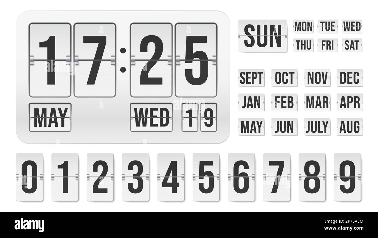 Orologio a ribalta. Timer meccanico con conto alla rovescia con indicatori della data dell'ora e del mese, display analogico con indicatore del tempo e contatore numerico. Illustrazione vettoriale Illustrazione Vettoriale