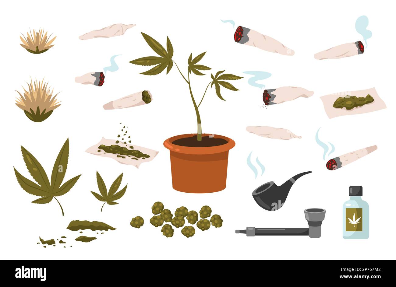 Sigaretta di erbacce. Cannabis rolled shoals, cartoon marijuana fumante comune erba droga, narcotico dipendenza o concetto di medicina alternativa. Set vettoriale Illustrazione Vettoriale