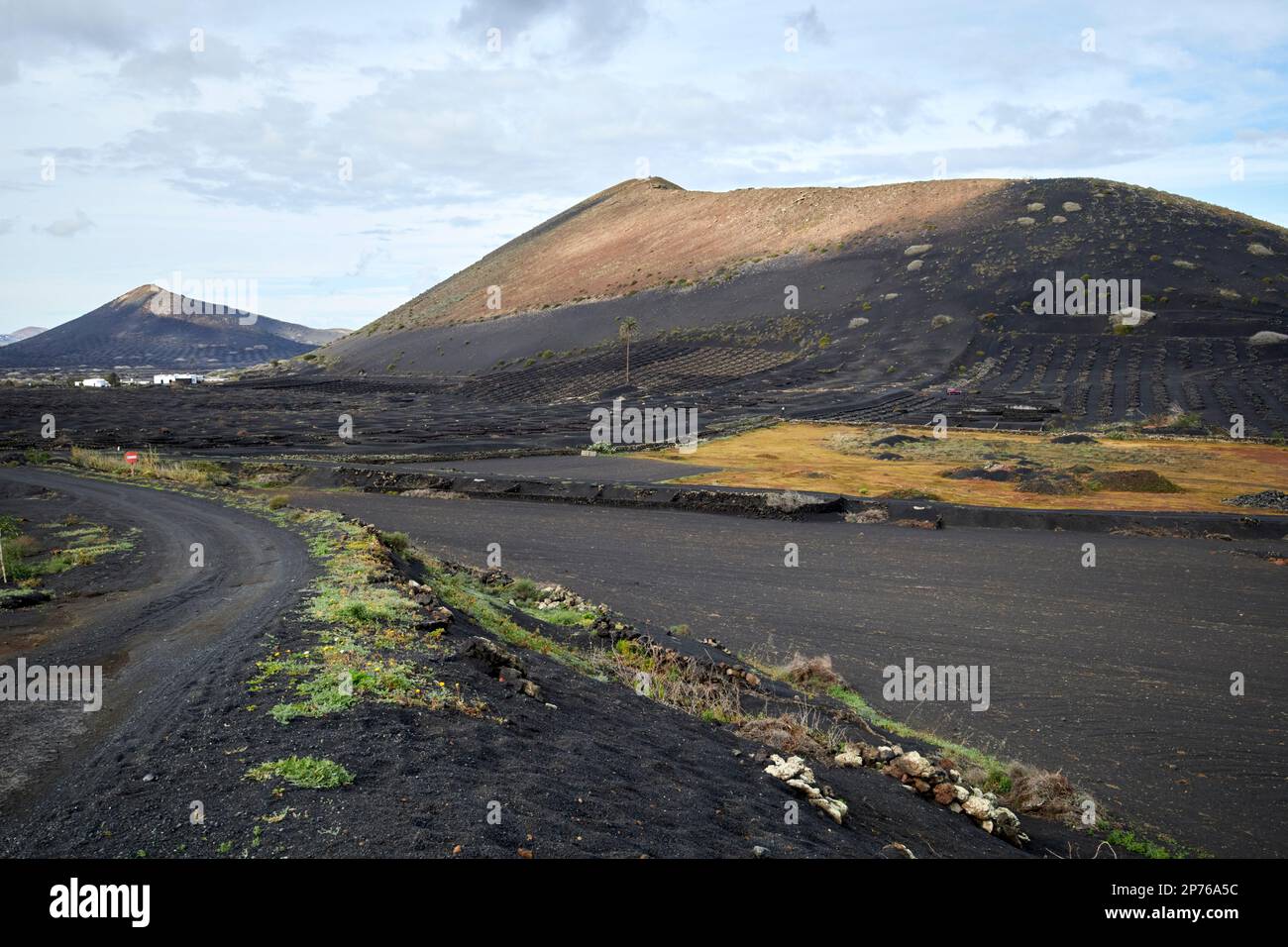Strada sterrata locale nella zona vinicola di Lanzarote, Isole Canarie, Spagna Foto Stock