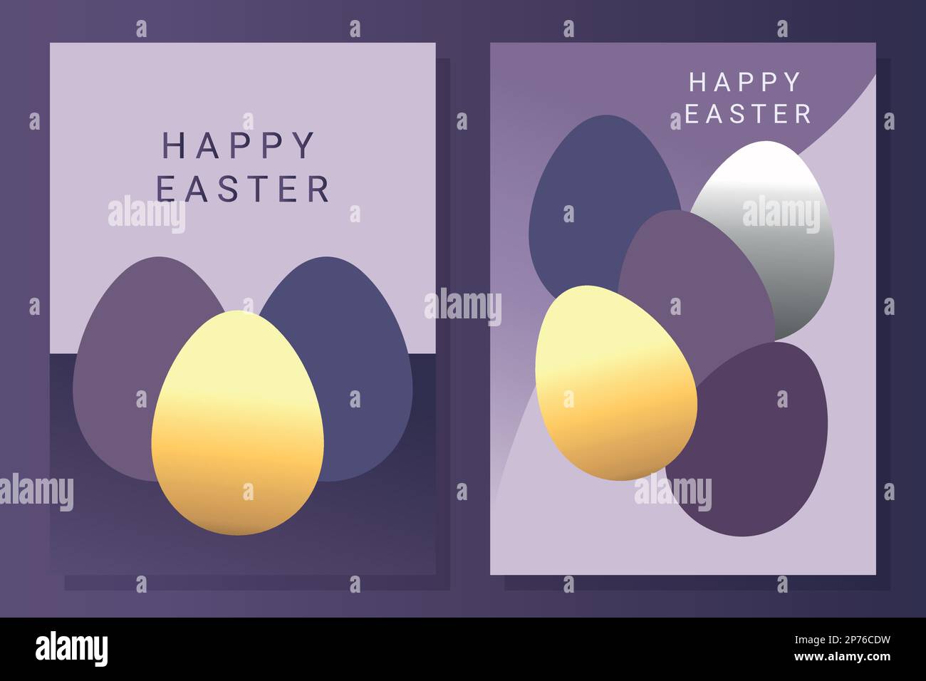 Uova di Pasqua colorate su sfondo viola e lilla. Modello festivo per inviti e biglietti d'auguri, cartoline e design. Viola e oro di lusso co Illustrazione Vettoriale