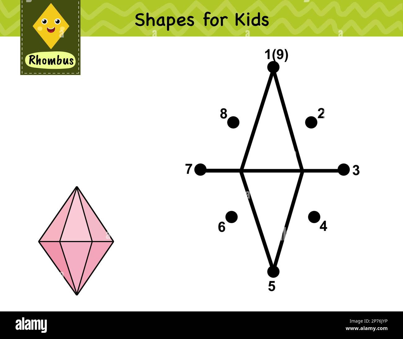 Gioco da punto a punto per i bambini. Collega i punti e disegna un cristallo. Pagina dell'attività apprendimento della forma del rombo Illustrazione Vettoriale
