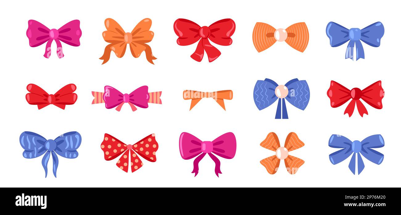 Archi con nastri. Carino bowknot capelli e regalo pacchetto elementi legati, cartone animato colorato donna acconciatura accessori diverse forme e texture. Vettore Illustrazione Vettoriale