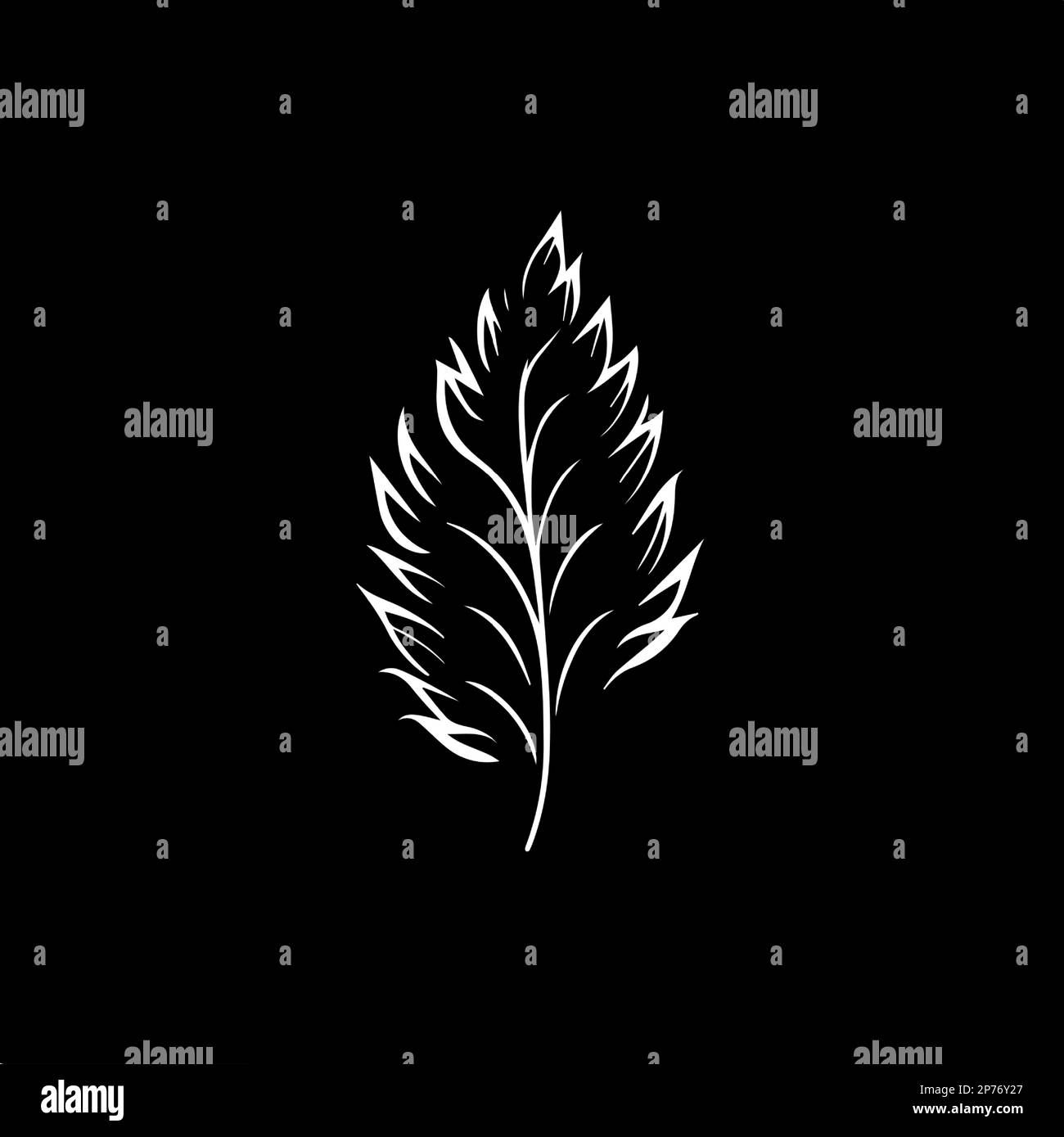 Modello minimalistico con logo, icona bianca con silhouette a foglia su sfondo nero, moderno logo concept per l'identità aziendale, stampa t-shirt, tatuaggio Illustrazione Vettoriale